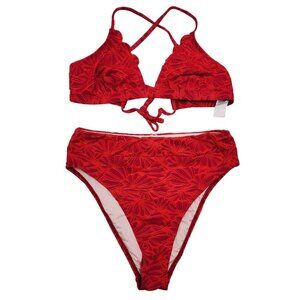 Cupshe Womens Red Floral High-Waist Bikini Set Scalloped Cross-Strap Size M